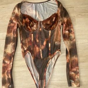 Brown and Tan Long Sleeve Bodysuit